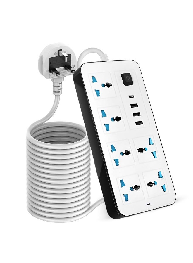 5 meters Universal Extension 5M Power Strip 3 Pin Outlet Sockets with 6 Gang 3 USB Port 1 Type-C Port 5M Electrical Sockets Main Strip for Home Kitchen Office 5 MetersLead with Multiple Function UK Plug 3 Pin Socket Outlet with 6 Gang 3 USB Port 1 Type-C Port 5M Electric Socket Mains Strip for Home Kitchen and Office 5 meters